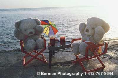 Teddy Bears enjoying Happy Hour by the shore.