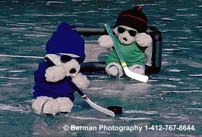 Two ice hockey Teddy Bears shooting at the goal. 