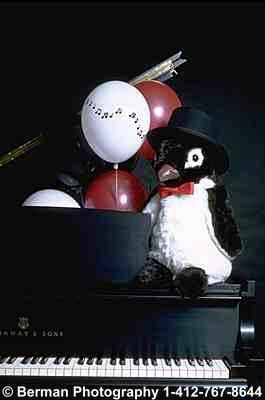 Penguin with balloons playing the piano.