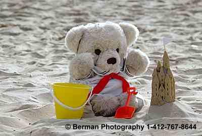 Teddy Bear builds a sandcastle on the beach.